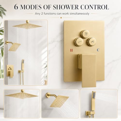 Dual Rainfall Shower Head System for 2 People Shower Faucet Set, Push Button Diverter Solid Brass Pressure-Balanced Valve Shower System (Brushed Gold)