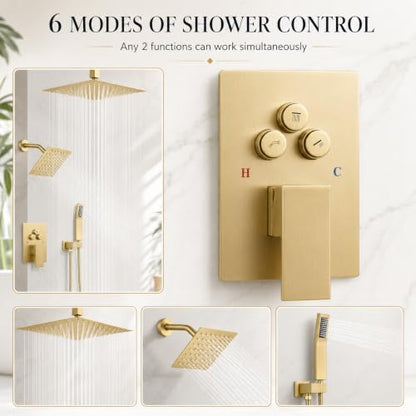 Dual Rainfall Shower Head System for 2 People Shower Faucet Set, Push Button Diverter Solid Brass Pressure-Balanced Valve Shower System (Brushed Gold)