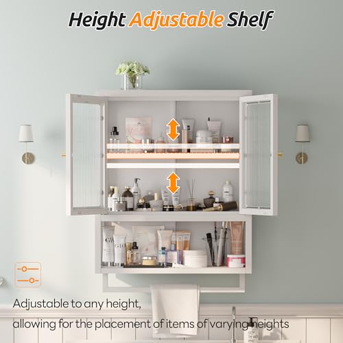 Bathroom Wall Cabinet with 2 Glass Door, Bathroom Medicine Cabinet with Towels Bar and Shelves, Over The Toilet Storage Cabinet, Metal Wall Mounted Cabinet for Kitchen (Upgraded White) - color: Upgraded White