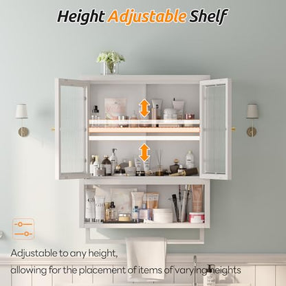 Bathroom Wall Cabinet with 2 Glass Door, Bathroom Medicine Cabinet with Towels Bar and Shelves, Over The Toilet Storage Cabinet, Metal Wall Mounted Cabinet for Kitchen (Upgraded White) - color: Upgraded White
