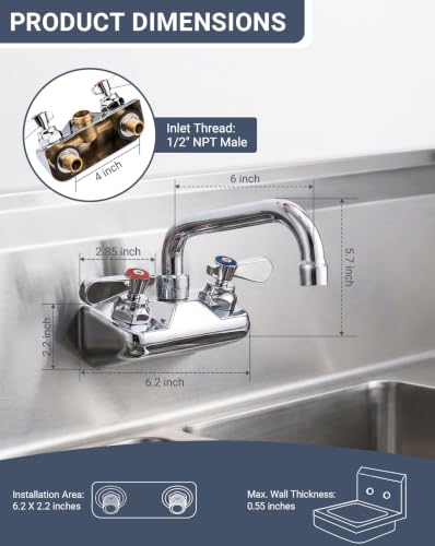 Commercial Sink Faucet - Leak Free Brass 4 Inch Wall Mount 2 Hole, 6" Swivel Spout 3 Compartment Sink Faucet for Restaurant/Industrial/Kitchen/Laundry/Bar - size: 4" Center 6" Swivel Spout
