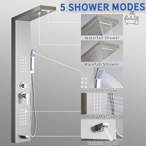 5-in-1 Shower Panel Tower System - Brushed Gray | 304 stainless steel Shower Panel Tower Column with Powerful Body Jets, Rainfall, Waterfall,Handheld and Tub Spout - color: Brushed Gray, style: LSH-8001