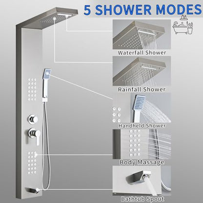 5-in-1 Shower Panel Tower System - Brushed Gray | 304 stainless steel Shower Panel Tower Column with Powerful Body Jets, Rainfall, Waterfall,Handheld and Tub Spout - color: Brushed Gray, style: LSH-8001