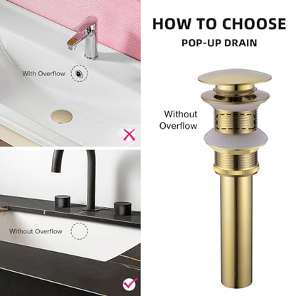 Brushed Gold Pop Up Drain for Bathroom Sink Without Overflow | Brass, Basin Vessel Detachable Basket Drain Strainer Stopper Assembly