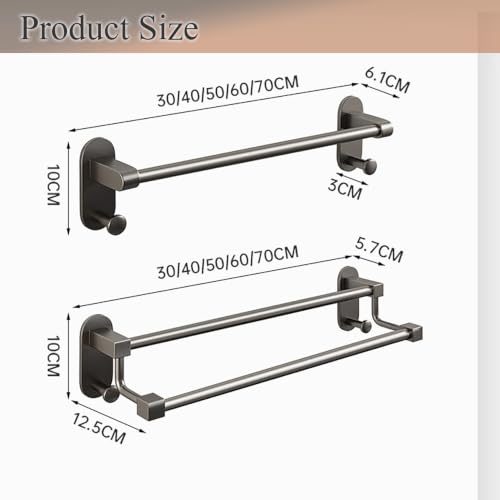 Stainless Steel Single/Double Towel Bar, Bathroom Waterproof Towel Rail | Drill Mount Towels Holder with Hooks, 30-70CM/11.8-27.5in Wall Mount for Kitchen and Bathroom(Gray B,50cm/19.6in) - color: Gray B, size: 50cm/19.6in