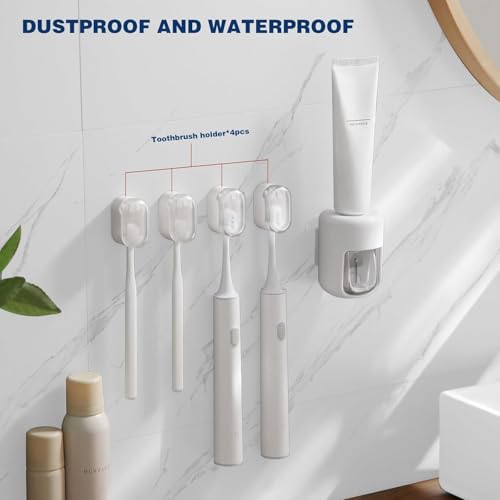 Wall Mounted Toothbrush Holder 4 Pack, with Cover for Bathroom | Automatic Opening & Closing, Dustproof & Waterproof, Self Adhesive, No Drilling, ABS Material, for Family Toothbrush Storage - size: 4-Pack