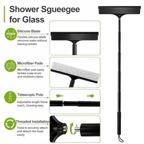 2 in 1 Window Squeegee with Adjustable Telescopic Pole, Shower Glass Squeegee for Indoor Outdoor Windows, Glass Doors, Shower Stalls, Car Windshield, Bathroom Tiles and Hard Floors