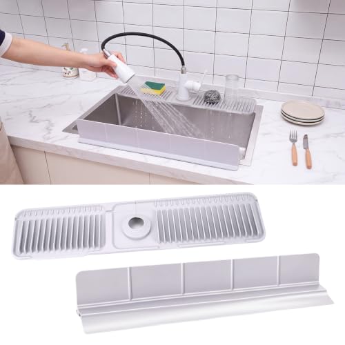 2 Pcs Kitchen Sink Splash Guard Set, 24 Inch Silicone Faucet Mat for Kitchen Sinks + 23 Inch Sink Backsplash Guard, Self Draining Faucet Splash Guards Behind Faucets, Food Grade Silicone, Gray