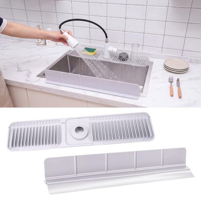 2 Pcs Kitchen Sink Splash Guard Set, 24 Inch Silicone Faucet Mat for Kitchen Sinks + 23 Inch Sink Backsplash Guard, Self Draining Faucet Splash Guards Behind Faucets, Food Grade Silicone, Gray