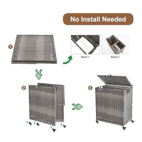 Laundry Hamper with Wheels&Lid, 50.2 Gallons(190L) Rolling Laundry Basket with Wheels, 3-Section Laundry Hamper, Handwoven Rattan Clothes Hamper with 6 Removable Liner& 3 Mesh Laundry Bags, Grey - color: Grey