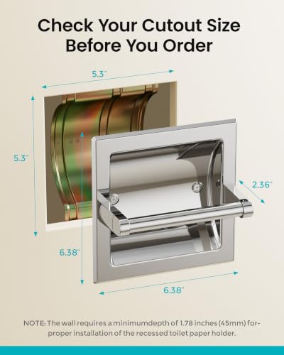 Recessed Toilet Paper Holder Brushed Chrome, in-Wall, 304 Stainless Steel | Inset Toilet Paper Holder, Spring-Free Pivoting Arm, Space-Saving Flush Mount, Fits Rolls up to 6 in - color: Brushed Chrome