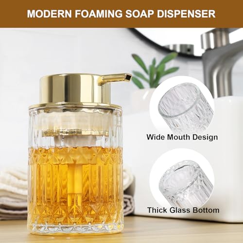 RYTOXILO Foaming Soap Dispenser, Gold Glass Foam Hand Soap Dispenser for Bathroom, Refillable 7.8 Fl Oz Foamy Pump Bottle with Plastic Golden Pump, Modern Dish Soap Foam Dispenser Container - color: Clear Bottle+ Gold Pump