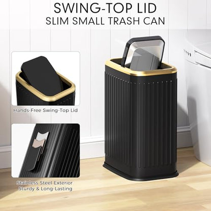 Bathroom Trash Can with Lid 8L/2.1 Gallon Black Trash Can Small Garbage Can with Swing Top Lid Slim Stainless Steel Garbage Can with 100 Counts Trash Bags for Bathroom Bedroom Kitchen Office Toilet - color: Black Stripe, size: Swing-Lid Trash Can