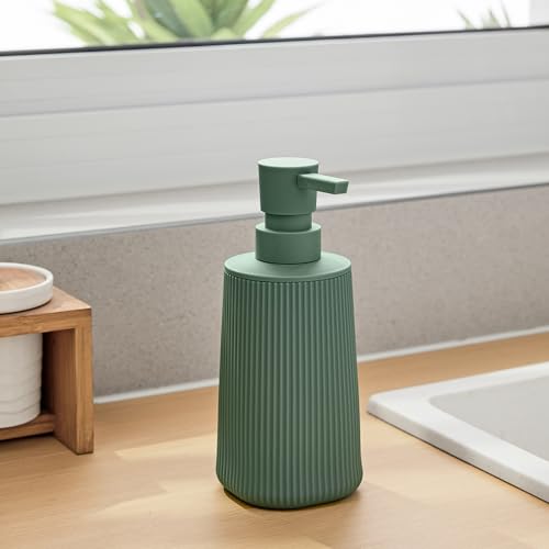 YAUKPH Small Soap Dispenser for Bathroom and Kitchen Matte Green | Modern Farmhouse Striped Style Plastic Hand Soap Dish Soap Dispenser with Pump - color: Sage Green
