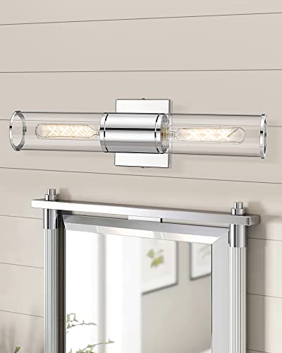 2-Light Chrome Bathroom Vanity Light Fixtures, Clear Glass Shade | Modern bathroom wall sconces, vertical/horizontal mounting, E26 base, hardwired, bulbs not included, VL834-CH-CL - color: Chrome-Clear Glass