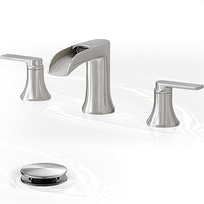 Brushed Nickel Widespread Bathroom Faucet, 2 Handles Waterfall Faucet, Bathroom Faucets for Sink 3 Hole, 8 Inch Solid Brass Bathroom Sink Faucets for Vanity Lavatory Restroom with Pop Up Drain - color: Brushed Nickel, style: WITH Pop Up Drain