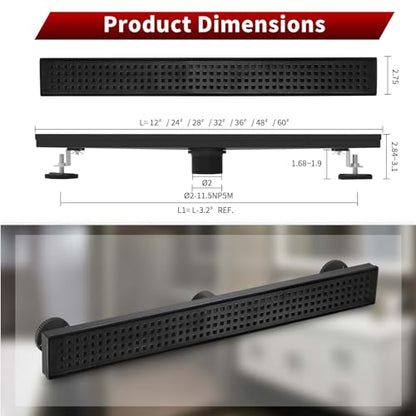 Sharp-tec Shower Drain, 28 inch Linear Shower Drain, Matte Black 304 Stainless Steel Rectangular Shower Floor Drain with Adjustable Leveling Feet, Hair Strainer, cUPC Certified, ST-112-28B - color: Matte Black, size: 28 inch