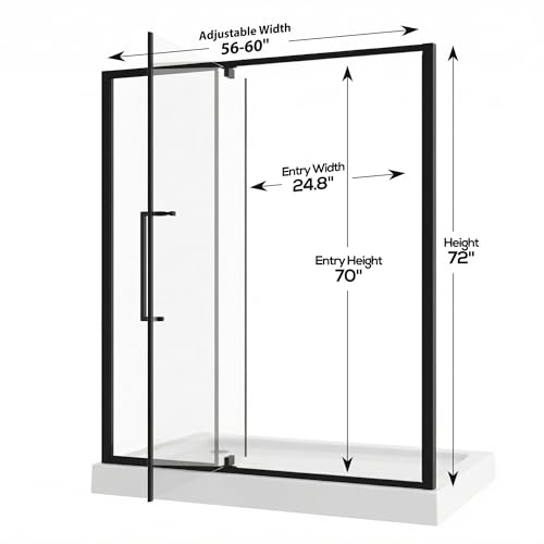 56-60" W x 72" H Semi-Frameless Pivot Swing Shower Doors | 1/4" (6mm) Clear SGCC Tempered Glass with a 24.8" walk-in opening, Matte Black Finish, Reversible, Magnetic Closing - color: Matte Black, size: 56"- 60"