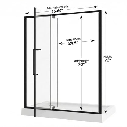 56-60" W x 72" H Semi-Frameless Pivot Swing Shower Doors | 1/4" (6mm) Clear SGCC Tempered Glass with a 24.8" walk-in opening, Matte Black Finish, Reversible, Magnetic Closing - color: Matte Black, size: 56"- 60"