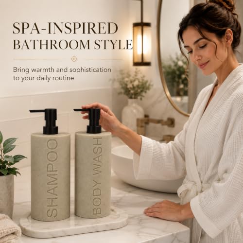 Resin 2 Pack Shampoo, Conditioner or Body Wash Dispenser Set, Luxurious Refillable Pump Bottles with Matte Pump Top and Embossed Text, Durable Design for Bathroom and Shower - color: Tan Shampoo & Body Wash