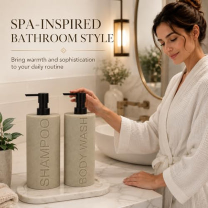 Resin 2 Pack Shampoo, Conditioner or Body Wash Dispenser Set, Luxurious Refillable Pump Bottles with Matte Pump Top and Embossed Text, Durable Design for Bathroom and Shower - color: Tan Shampoo & Body Wash