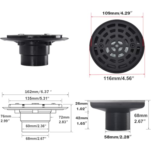 RANDOM Round Shower Drain Kit Matte Black with Adjustable Base Flange,4 Inch Shower Drain Cover with Threaded Adapter,Removable Invisible Look 304 Stainless Steel - color: A-matte Black-4″ Round With Base Flange