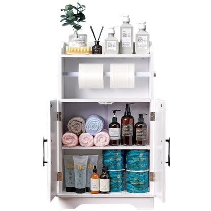 VECELO Bathroom Storage Cabinet, Freestanding Floor Organizer with Double Doors and Adjustable Shelf, Waterproof Wooden Cabinet for Bathroom, with Towel Bar - size: With Towel Bar