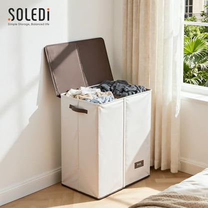 SOLEDI Luxury Double Laundry Hamper with Lid and Removable Bags, 38.3 Gal Large Laundry Bin, Laundry Basket 2 Sections, Collapsible Clothes Hamper for Bedroom, Laundry Room, Bathroom, Off-white - color: Off White, size: 145l
