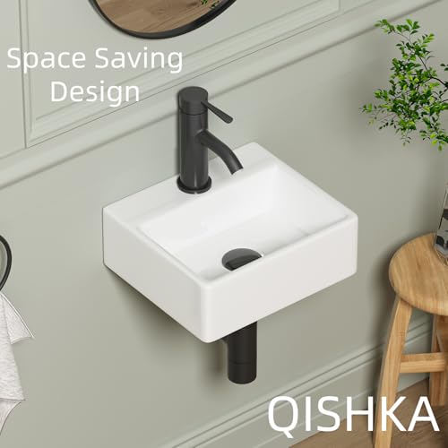 Wall Hung Bathroom Vessel Sink, QISHKA 13" X 11.5" Rectangular Floating Ceramic Wash Hand Basin White Wall Mount Vanity Sink for Small Bathroom and Small Cloakroom - size: 13.2" x 11.5" x 4.5"