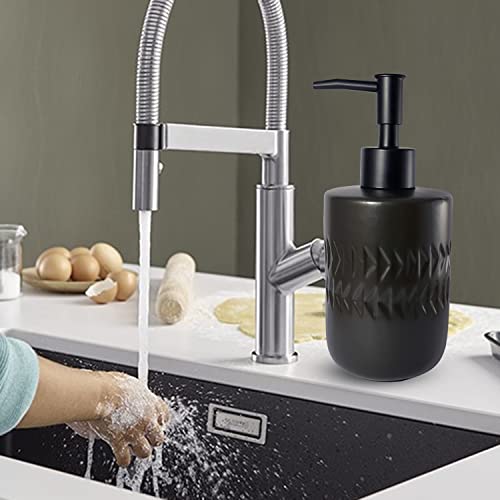 Black Soap Dispenser for Bathroom,Cylindrical Lotion Dispenser,12oz Ceramic Relief Hand Dish Soap Dispenser,Refillable Liquid Dispenser for Kitchen,Matte Black Pump(Relief Black) - color: Relief Black