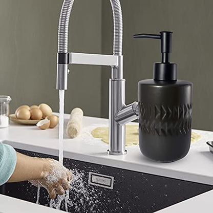Black Soap Dispenser for Bathroom,Cylindrical Lotion Dispenser,12oz Ceramic Relief Hand Dish Soap Dispenser,Refillable Liquid Dispenser for Kitchen,Matte Black Pump(Relief Black) - color: Relief Black