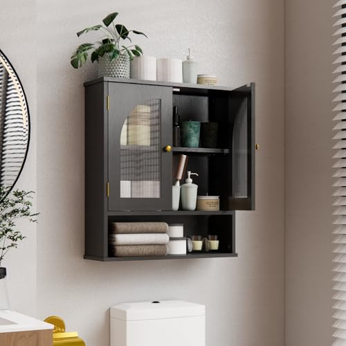 Bathroom Wall Cabinet Over Toilet, Medicine Cabinet with Arched Glass Doors & Adjustable Shelves, Open Shelf, Wall Mounted Bathroom Storage Cabinet, Medicine Cabinets for Bathroom, Black - color: Black-glass Arched Door