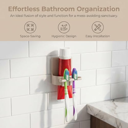 Adhesive Toothbrush Holders, Wall Mounted Space Saving 3 in 1 with Gargle Cup, for Bathroom Shower Mirror, Stick On Tooth Paste Hanger, Daily Use