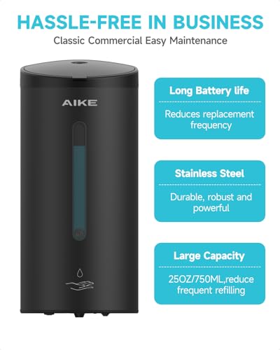 AIKE Automatic Liquid Soap Dispenser,25oz Capacity for Bathroom,Matteblack | No-Drill and Screw Wall Mount Install Design for Space-Saving,4*AA batteries(Not Included) Ensure Long Standby,Model AK1205E - color: Matte Black