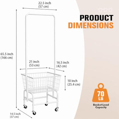 ALIMORDEN Rolling Laundry Cart with Hanging Rack & Metal Basket, White | 360° Lockable Casters, Wire Laundry Basket Cart, Hanging Rack, Powder Coated Frame for Laundry Room & Bedroom Storage - color: White