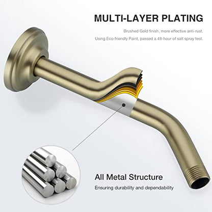 9 Inch Brushed Gold Shower Arm and Flange Head Extension Pipe | Angled Stainless Steel Wall Mounted Extension, Bathroom Gooseneck Curved Shower Neck - color: Brushed Gold, style: 9 inch