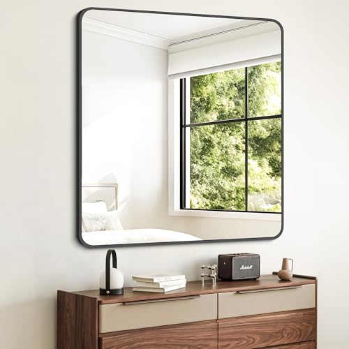 FORBATH Bathroom Mirror 36" x 36"，Large Square Wall Mirror with Black Aluminum Frame Rounded Corner, Wall Mounted Mirror for Bathroom Bedroom Entryway Living Room - color: Black, size: 36"L x 36"W
