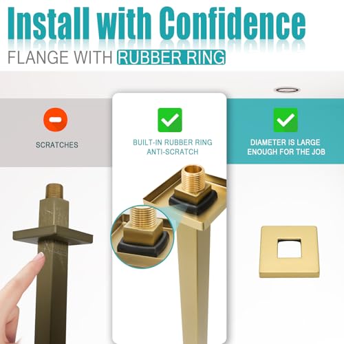 Brushed Gold Shower Arm with Flange and Teflon Tape for High Ceiling or Fixed Rain Showerhead, Universal Connection 16-inch Square Straight Shower Head Extender Extension Pipe, 304 Stainless Steel - color: Brushed Gold, style: 16inch