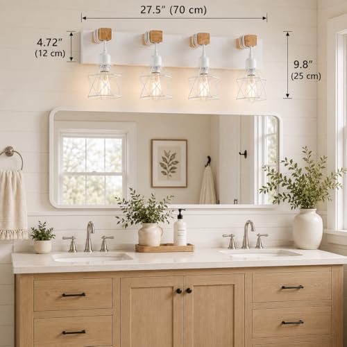 Farmhouse Vanity Light Fixture,4-Light Bathroom Lighting,White Modern Wood Wall Light Over Mirror with Metal Shade,LED Bulbs Not Included - color: White, size: 4-Light-Wide 28"