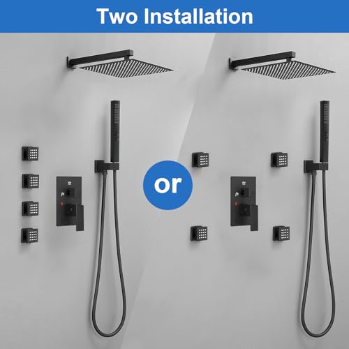 RUMOSE Rainfall Shower System with 4 Full Body Jet 4 Mode Shower Faucet Set | 12 Inch Rain Shower Head, 2 in 1 Handheld Spray, Matte Black Brass Shower Jet Shower Fixtures, Wall Mounted - color: Matte Black