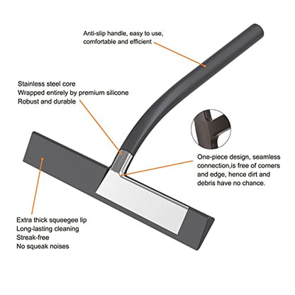 Silicone Shower Squeegee, Black, 9 inch | All-Purpose, For Shower Glass Door Window Mirror Tile Car Walls, 2 Hooks Included, Bathroom Accessories - size: 9 inch( 2hooks)