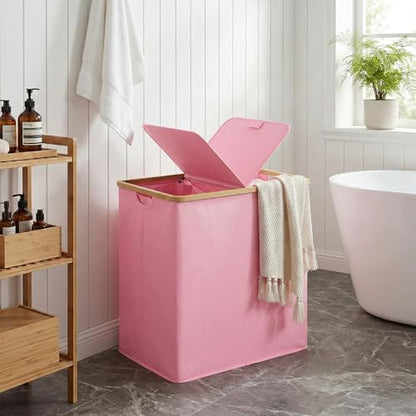 efluky Laundry Hamper with Lid, Double Laundry Basket with 2 Removable Bags, 2 Section Laundry Bin with Bamboo Handles for Bathroom, Bedroom & Laundry Room, 140L (36.9 Gallon) Pink - color: Pink, size: 140L Dual