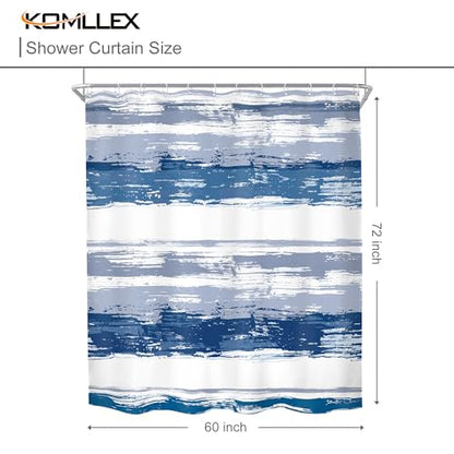 Abstract Navy Blue Modern Gray Striped Neutral Bathroom Shower Curtain Set | 60Wx72H Geometric Watercolor design, waterproof HD print with fast-drying fabric and 12 hooks. - color: B1-navy Blue, size: 60"W x 72"L (Pack of 12)