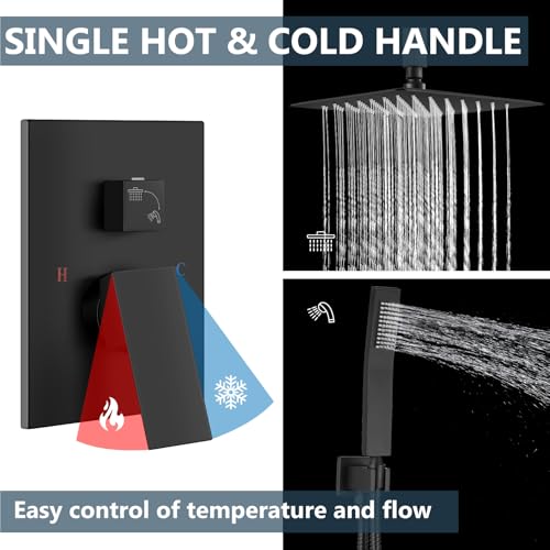 Aolemi Ceiling Mount Shower System Rain Shower Head with Handheld Spray High Pressure Shower Faucet Set Rough-in Valve Shower Trim Kit Included Bathroom Matte Black 12 Inch Ceiling Shower Head - color: Black, size: 12 Inch Ceiling Shower Head
