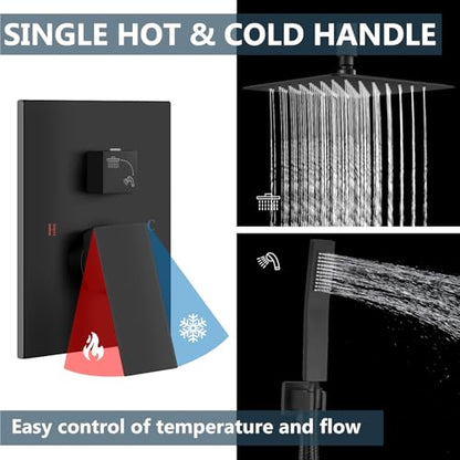 Aolemi Ceiling Mount Shower System Rain Shower Head with Handheld Spray High Pressure Shower Faucet Set Rough-in Valve Shower Trim Kit Included Bathroom Matte Black 12 Inch Ceiling Shower Head - color: Black, size: 12 Inch Ceiling Shower Head