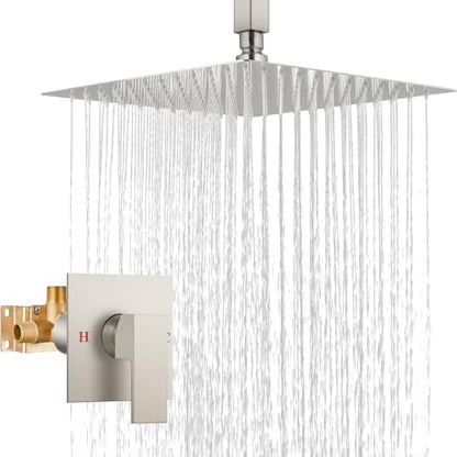 Airuida 12 Inch Brushed Nickel Shower Faucet Set,Rainfall Shower System | Ceiling Shower Head,Male Thread Rough-in Valve,Ceiling Mount,Single Handle - color: Brushed Nickel, size: 12 Inch