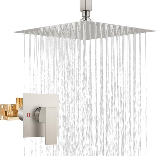 Airuida 12 Inch Brushed Nickel Shower Faucet Set,Rainfall Shower System | Ceiling Shower Head,Male Thread Rough-in Valve,Ceiling Mount,Single Handle - color: Brushed Nickel, size: 12 Inch