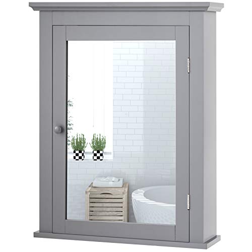 Tangkula Bathroom Cabinet with Mirror, Mirrored Wall-Mounted Storage Medicine Cabinet w/Single Door & Adjustable Shelf in 5 Positions, Multipurpose Wall Cabinet for Bathroom (Gray) - color: Grey