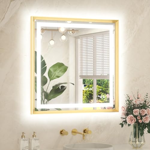 Led Bathroom Mirror 30 x 30 with Brushed Gold Frame Anti-Fog Frontlit & Backlit Vanity Mirror Stepless Dimmable Lighted Mirrors for Bathroom Wall 3 Colors White/Warm/Natural Wall-Mounted - color: Brushed Gold, size: 30"L x 30"W