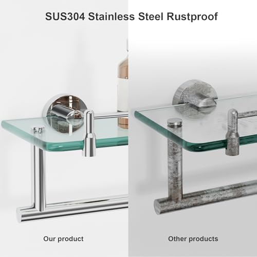 20-Inch Floating Tempered Glass Bathroom Shelf with Towel Bar - Chrome Polished & Stainless Steel, Wall Mount - color: Chrome Polished, size: 20-inch with Railing